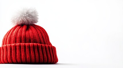 Red knitted beanie hat with fluffy pom-pom on a white isolated background.