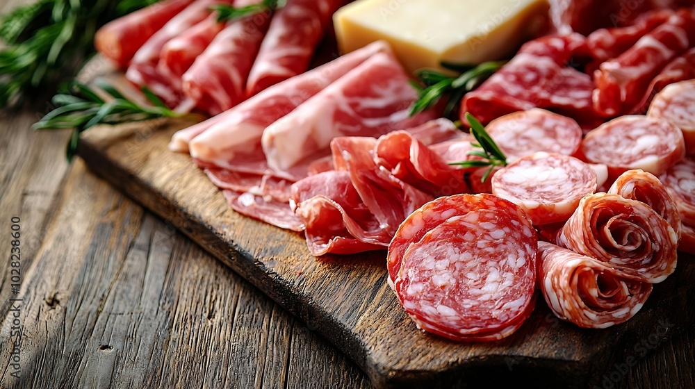 Poster cheese and meat appetizers on cutting board on wooden background copy space top view : generative ai