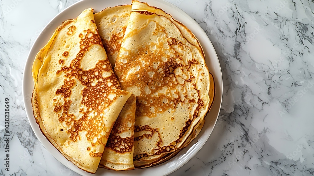 Poster crepes thin pancakes on a white plate marble background copy space top view : generative ai