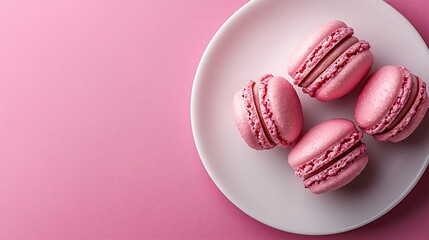 Fototapeta premium Macaroons dessert on a white plate Pink pastel background Top view : Generative AI