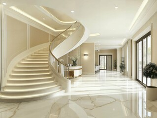Obraz premium Elegant grand staircase with polished white marble steps and a curved design, illuminated by soft lighting in a luxurious interior, creating a refined and sophisticated ambiance.