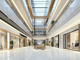 Spacious modern shopping mall with a glass ceiling, allowing natural light to flood the atrium, featuring sleek store fronts and open walkways, creating a bright, upscale retail environment.