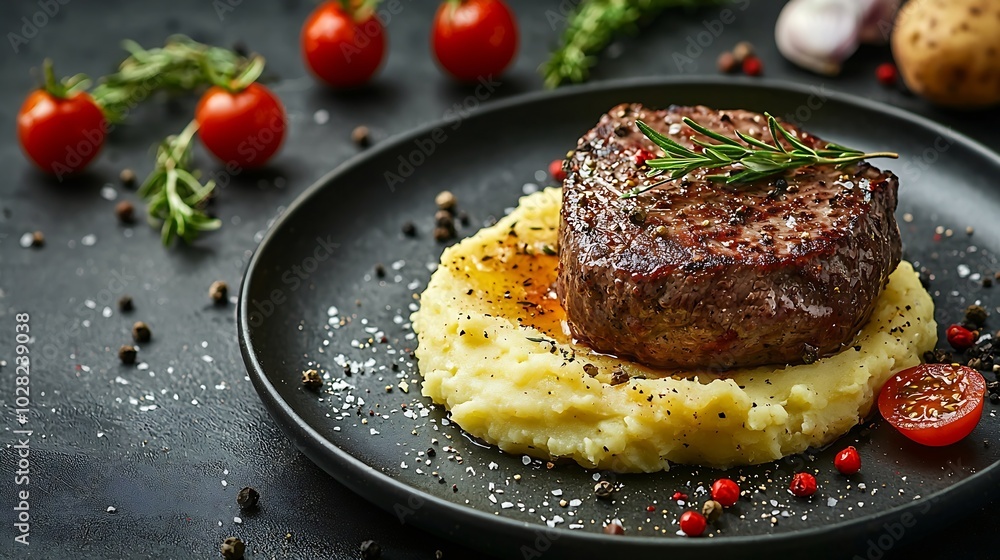 Poster Beefsteak with mashed potato on a plate Grey background Copy space Top view : Generative AI