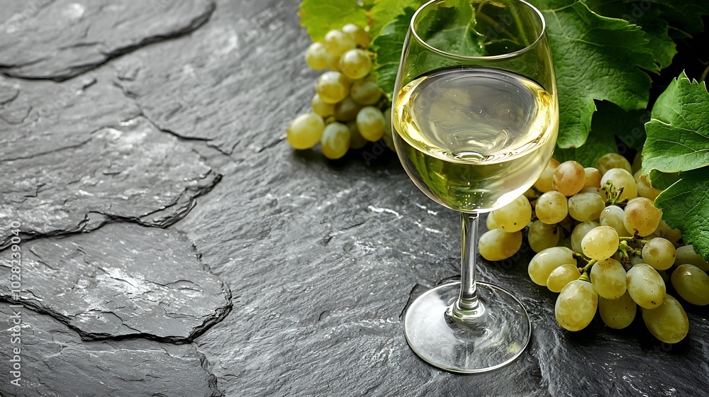 Poster Glass of white wine and assorted cheese with grape on a stone and slate background : Generative AI