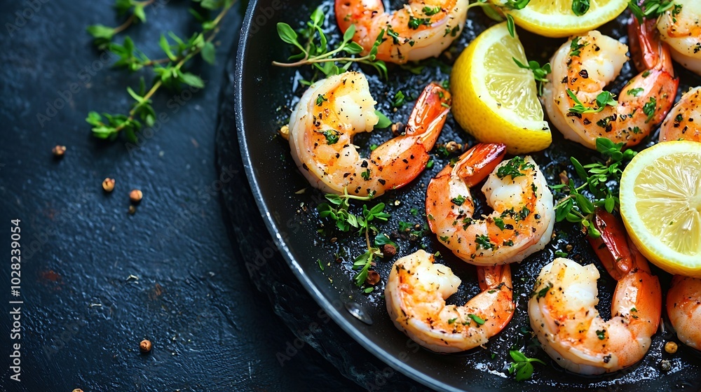 Aufkleber Prawns with lemon and fresh herbs in a black frying pan Stone background Copy space Top view : Generative AI