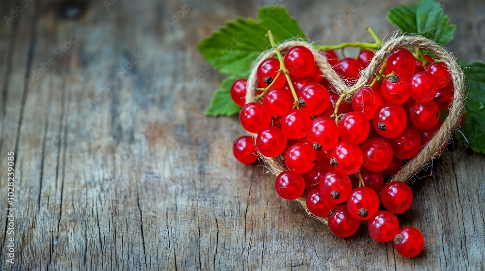 Poster String heart with red currants on a wooden table : Generative AI
