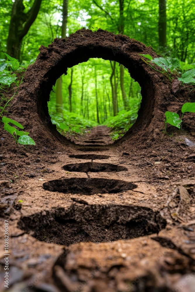 Poster mysterious forest path through earth arch bokeh background