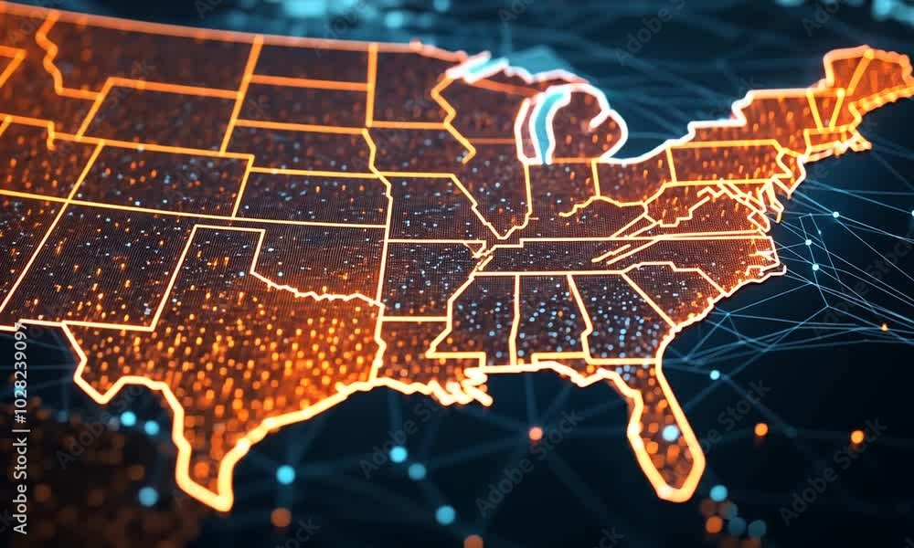 Poster a digital map of the united states with glowing network connections and data points.