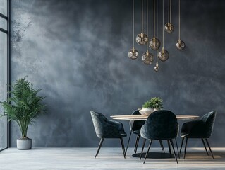 Moody dining room with dark walls, a sleek black table, and contemporary pendant lighting, creating a sophisticated, atmospheric setting with a touch of drama and elegance.