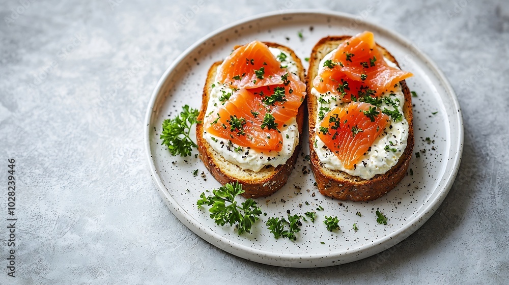 Poster sandwich toast with smoked salmon and cream cheese on white plate marble background copy space : gen