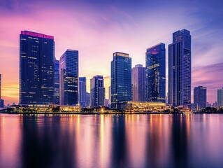 Fototapeta premium City skyline at twilight reflecting on calm water, with tall skyscrapers illuminated by colorful lights, showcasing a vibrant, modern metropolis transitioning from day to night.