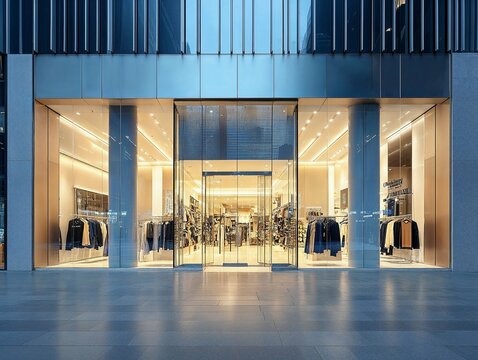 Luxury storefront with large glass windows and a well-lit interior, featuring high-end clothing displays and a polished, modern design, creating an upscale shopping experience in an elegant setting.