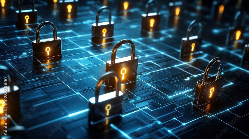 Poster a matrix of digital padlocks guarding an abstract network of encrypted data, representing cybersecur