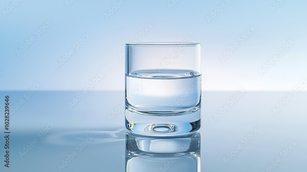 Poster a minimalist shot of a glass of water, perfectly centered and isolated on a clean surface, offering 