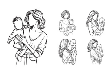 Cheerful baby and foster mother illustrated in minimalist style