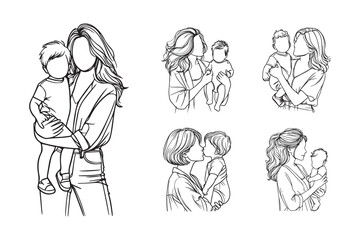 Black and white illustration of a cute baby and mother