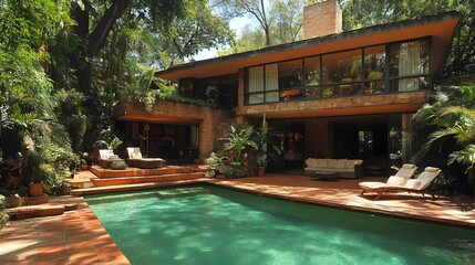 Fototapeta premium A stylish modern house adorned with natural materials, complemented by a lush green garden