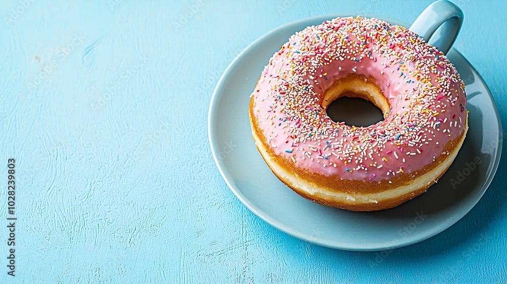 Poster coffee with donut on blue background top view : generative ai