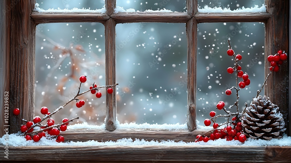 Poster wooden frame window with red berries hawthorn snow and cones christmas happy new year background : g