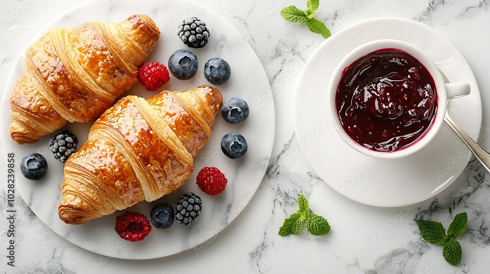 Poster croissant with fresh berries chocolate spread and butter with cup of coffee on a marble texture back