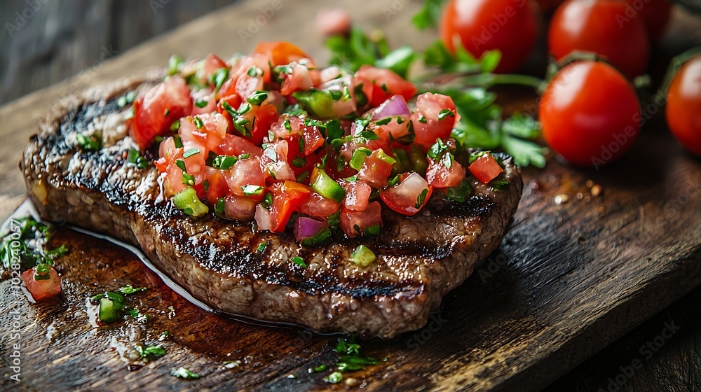 Poster beef steak well done with tomato and pepper salsa on a wooden background : generative ai
