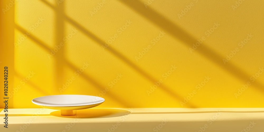 Poster a plain yellow background with sharp lighting from one side, casting soft shadows.