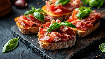 Bruschetta crostini with Jamn ham and fresh basil on dark marble board Close up : Generative AI