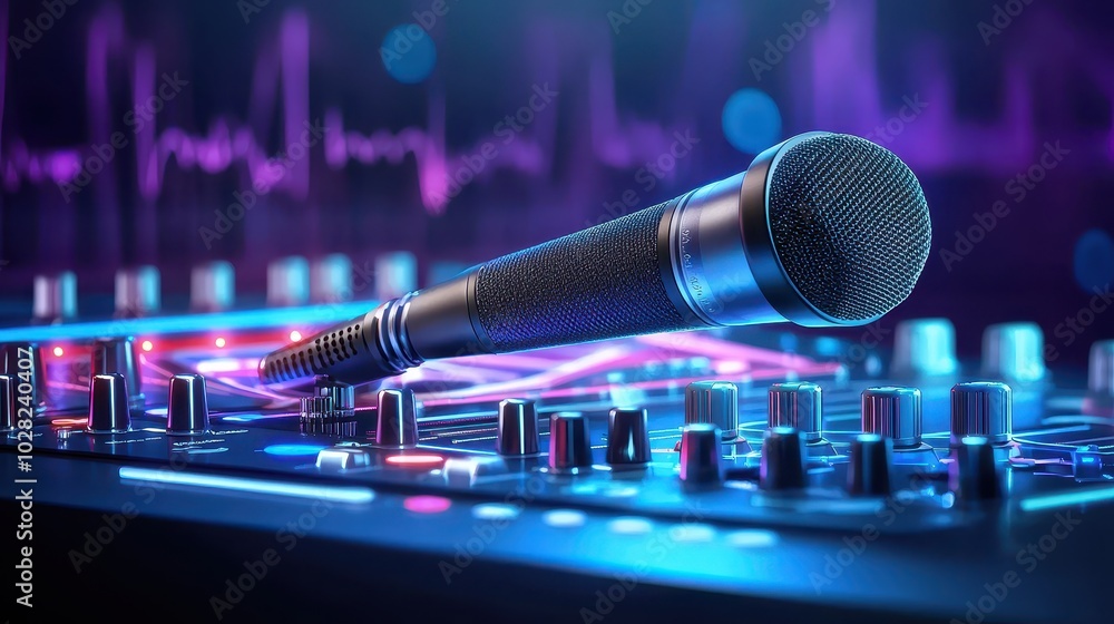 Poster a podcast microphone with an audio interface, showing the tech involved in high-quality sound record
