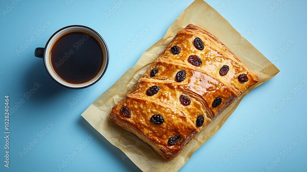 Aufkleber fresh danish pastry with raisins with a cup of black coffee on blue table background top view : gene