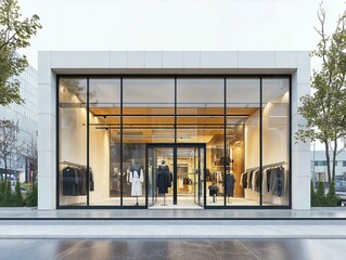 Modern storefront with floor-to-ceiling glass windows, showcasing a well-lit interior with minimalist displays and clothing racks, creating an inviting and stylish shopping environment.