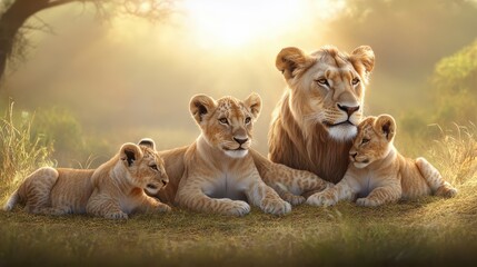Fototapeta na wymiar A pride of lions resting in the grass, with cubs playfully tumbling near their parents under the African sun.