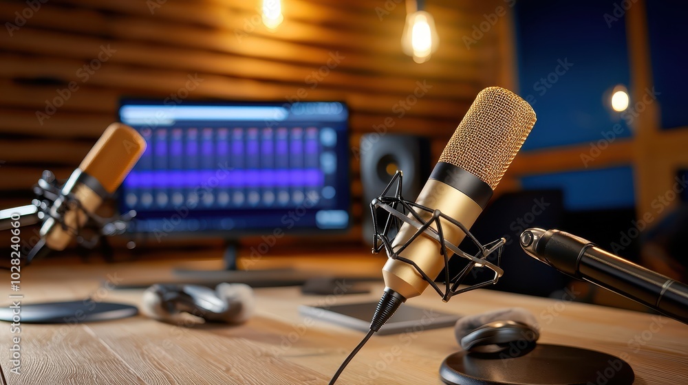 Poster A recording in progress with a host and guest talking into professional microphones in a cozy studio.