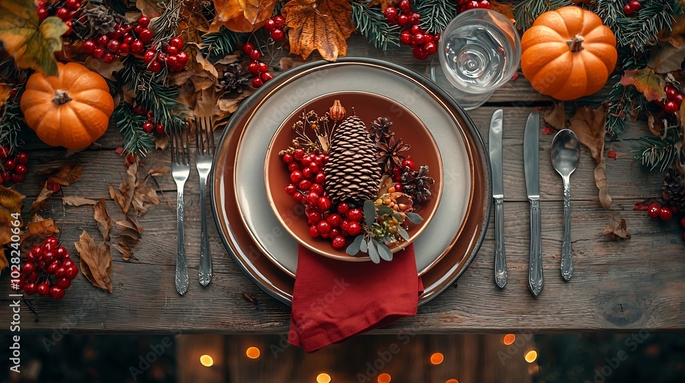 Poster Autumn table place setting with cone thanksgiving halloween decoration Top view Copy space : Generative AI