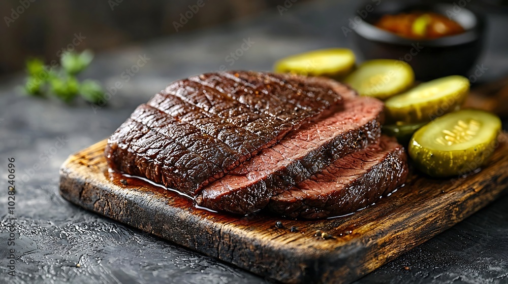 Poster roast beef on wooden cutting board with pickles top view : generative ai