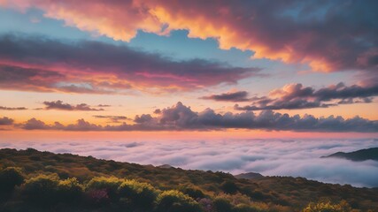 Obraz premium Low clouds lingering near the horizon at dawn, with the sky glowing in pastel shades of yellow, pink, and blue, creating a calming atmosphere 