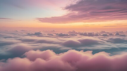 Low clouds lingering near the horizon at dawn, with the sky glowing in pastel shades of yellow, pink, and blue, creating a calming atmosphere
