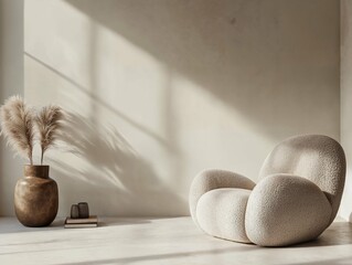 A minimalist living space featuring a round chair and side table, bathed in natural sunlight streaming through large windows, creating soft shadows on light beige walls.