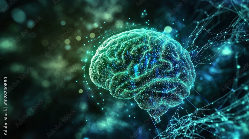 Poster a digital representation of a brain with glowing elements, symbolizing neuroscience and technology.