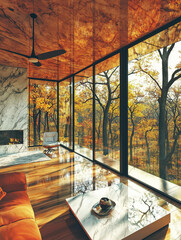 autumn, luxury living room, marble fire place