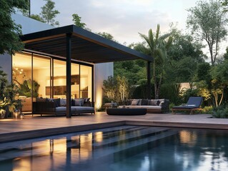 A sleek modern pavilion with floor-to-ceiling glass walls, an inviting pool reflecting warm sunset light, and lush greenery in the background, creating a serene and luxurious outdoor setting.