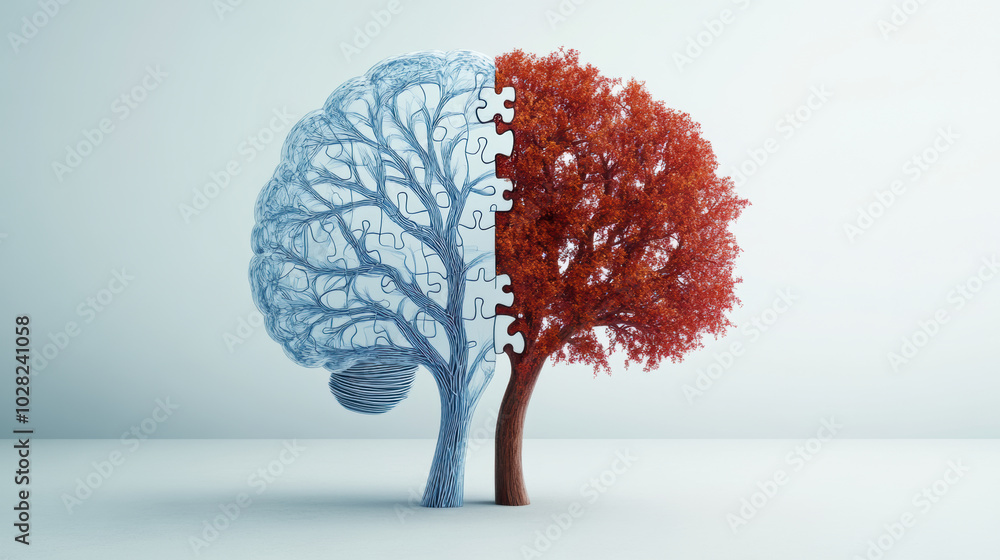 Poster image depicts split brain design, where one side features intricate blue tree and other side showcas