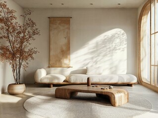 Minimalist living room with a white couch, low wooden coffee table, and abstract wall art, bathed in natural sunlight through a nearby window.