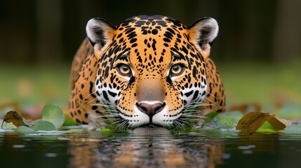 Obraz premium Majestic Jaguar Emerging from Pond with Intense Gaze Wildlife Photography