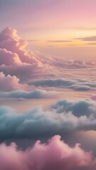 Obraz premium Low clouds lingering near the horizon at dawn, with the sky glowing in pastel shades of yellow, pink, and blue, creating a calming atmosphere 