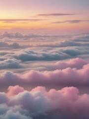Obraz premium Low clouds lingering near the horizon at dawn, with the sky glowing in pastel shades of yellow, pink, and blue, creating a calming atmosphere 
