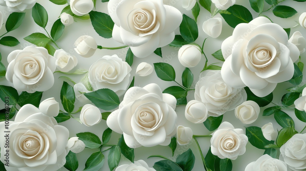 Aufkleber a seamless pattern of white roses intertwined with soft greenery, creating a calming and refined flo