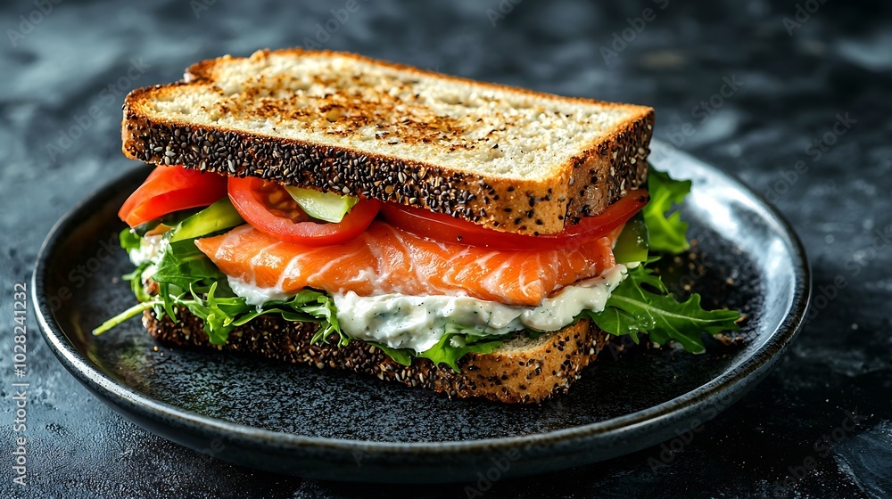 Poster sandwich with salmon vegetables and cream cheese on plate dark background copy space top view : gene