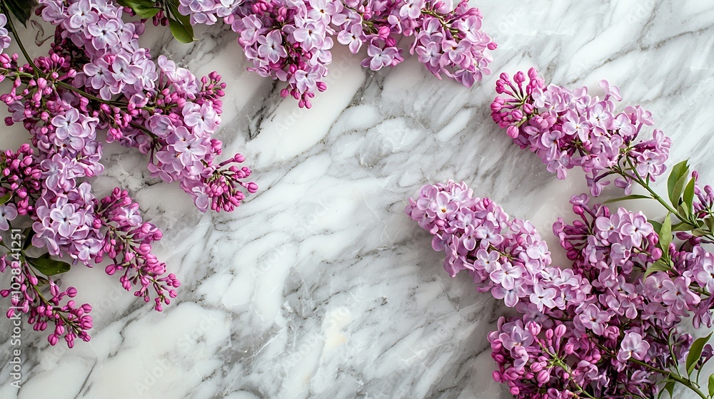 Poster lilac flowers on marble background copy space top view : generative ai