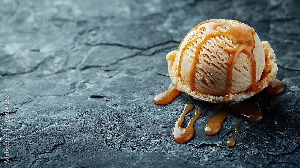 Poster vanila ice cream scoop with caramel topping on grey stone background : generative ai