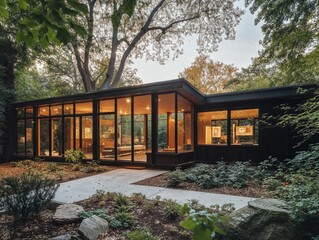 Modern single-story glass-walled house surrounded by trees and soft landscape lighting, creating a warm, inviting ambiance during dusk.